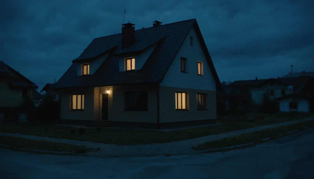 Будинок у теплих сутінках з рівним світлом у вікнах